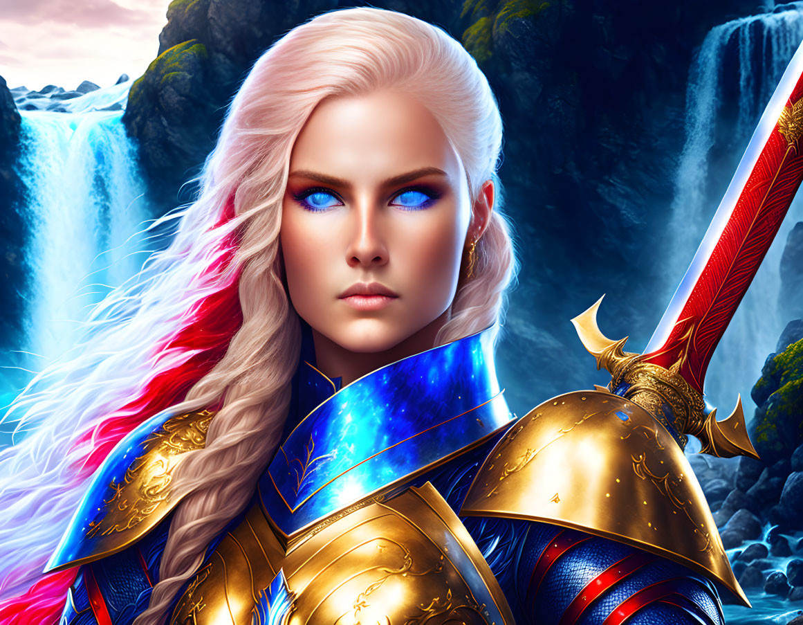 Digital artwork of fierce woman in blue and golden armor with platinum blonde hair and blue eyes, holding a