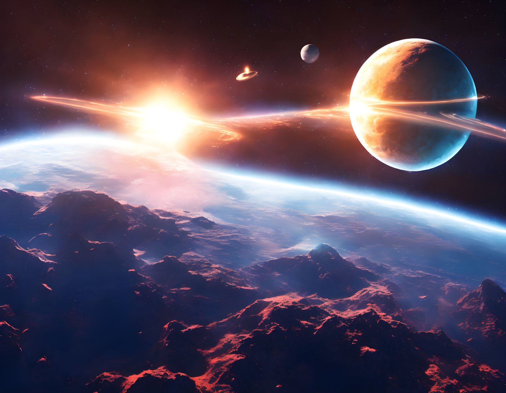 Alien planet with sun, gas giant, moons in vibrant space scene