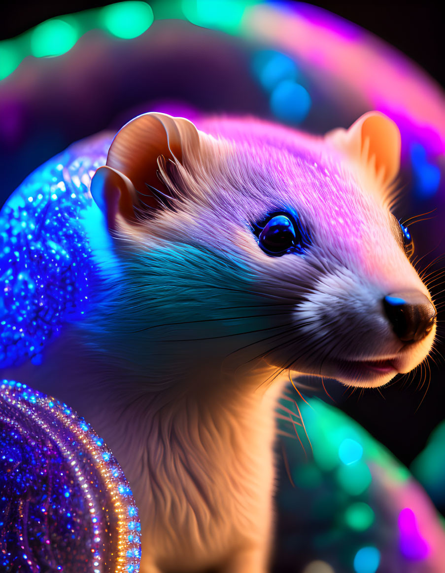 Colorful digital artwork of weasel in neon lights and bokeh pattern background