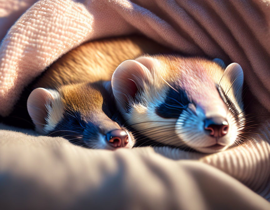 Snug ferrets cuddled in soft pink fabric under golden light