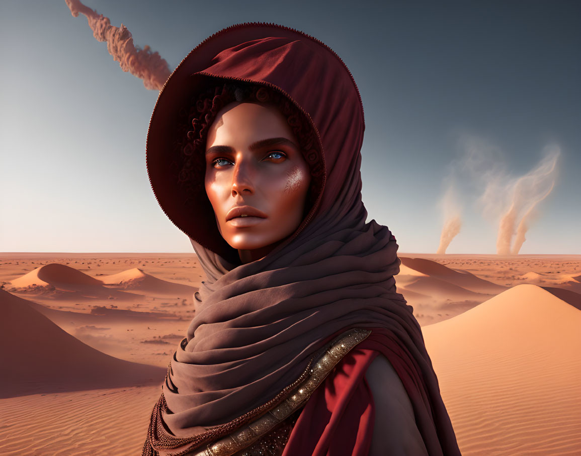 Person in Red Hooded Cloak Staring in Desert Landscape