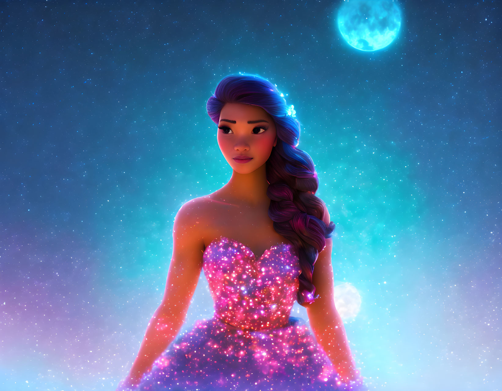 Animated young woman with purple hair in sparkling dress under starry sky with glowing blue moon
