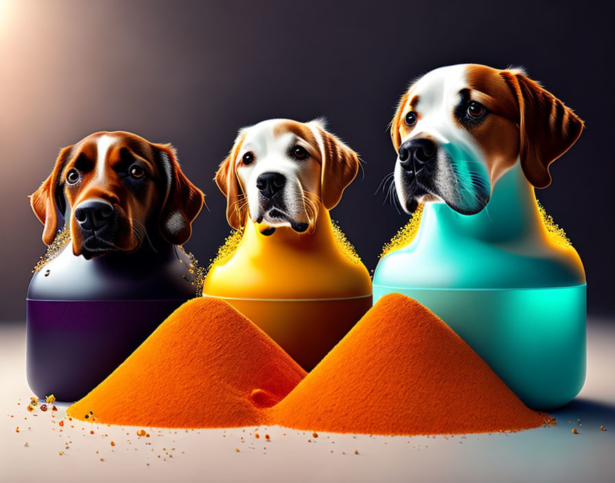 Illustrated Dogs Merge into Colorful Sand Piles