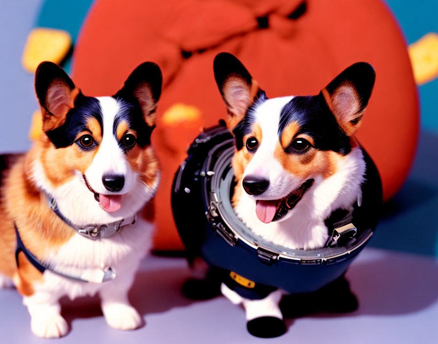 Two Pembroke Welsh Corgis with red cushion and blue background