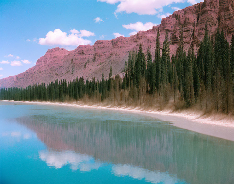 Tranquil lake with evergreen trees and mountains reflected in clear blue waters