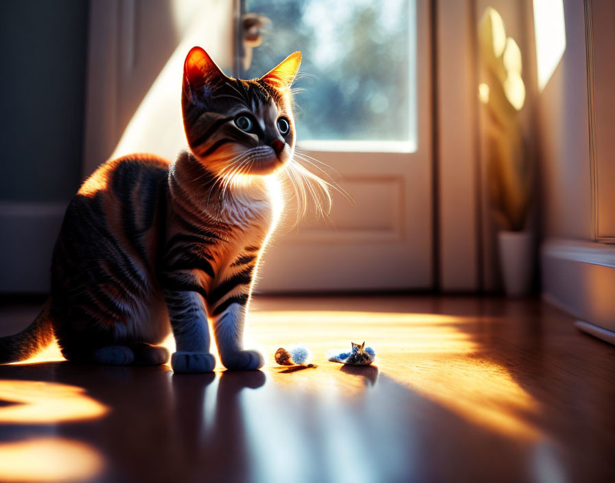 Striped Cat Sitting on Wooden Floor in Warm Sunlight