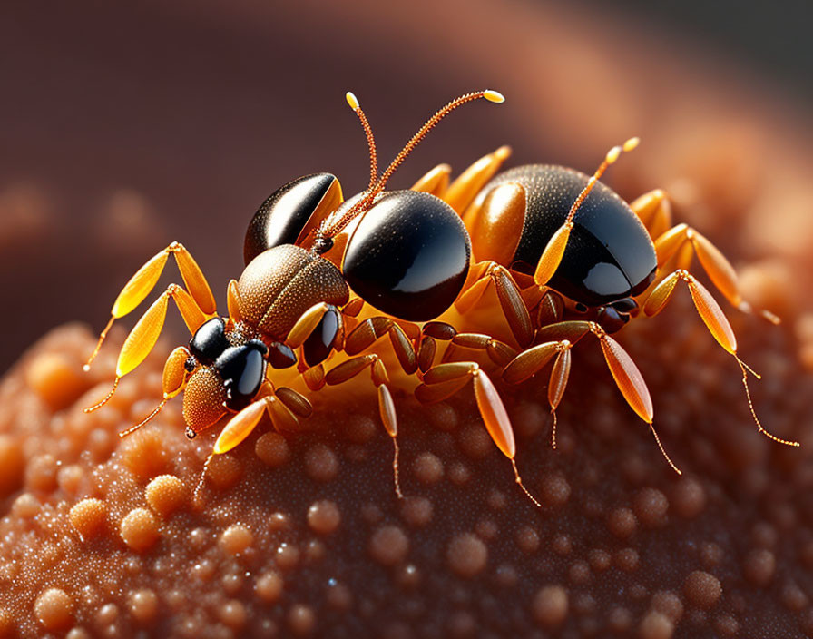 Macro shot of two ants with bent antennae on textured surface with round particles