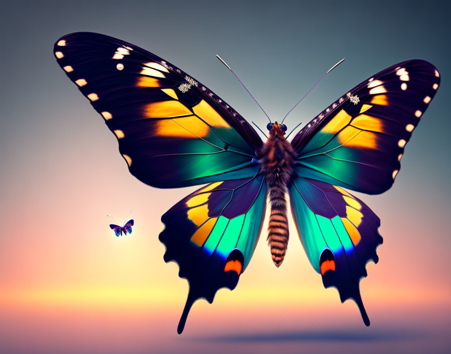 Colorful Butterfly with Spread Wings in Blue, Yellow, and Orange on Sunset Sky Background