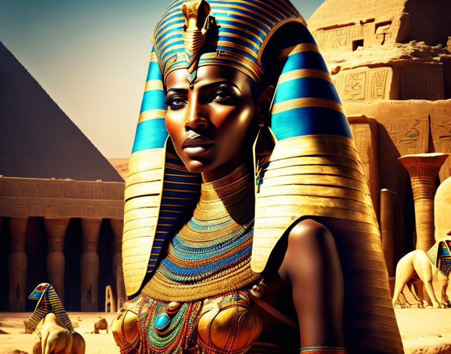 Egyptian Pharaoh Portrait with Traditional Attire and Ancient Temple Background