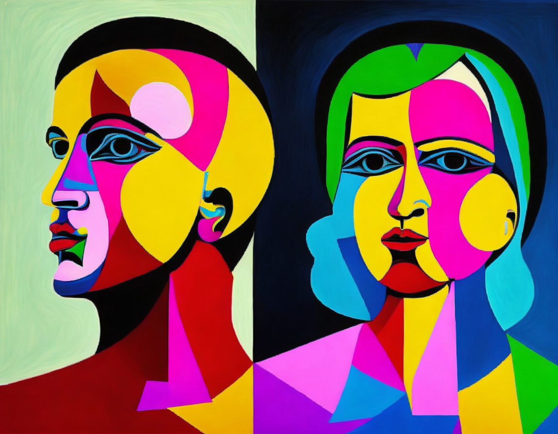 Vibrant abstract cubist painting with two faces and bold colors