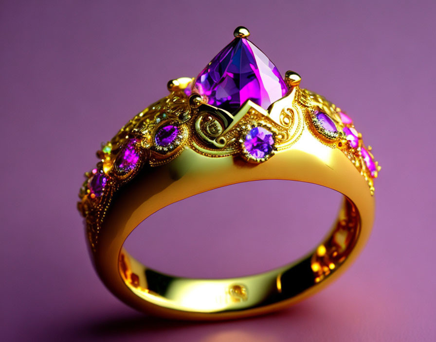 Golden Ring with Large Purple Gemstone and Intricate Patterns on Purple Background