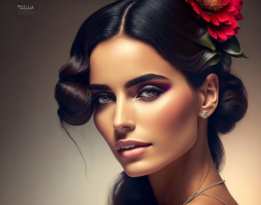 Detailed digital illustration of a woman with red flower in hair and striking makeup