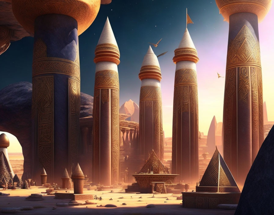 Fantastical landscape with towering spires and pillars under a twilight sky