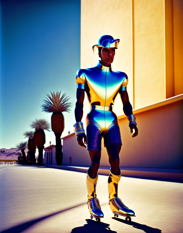 Futuristic roller skating outfit with metallic finish poses under clear blue sky