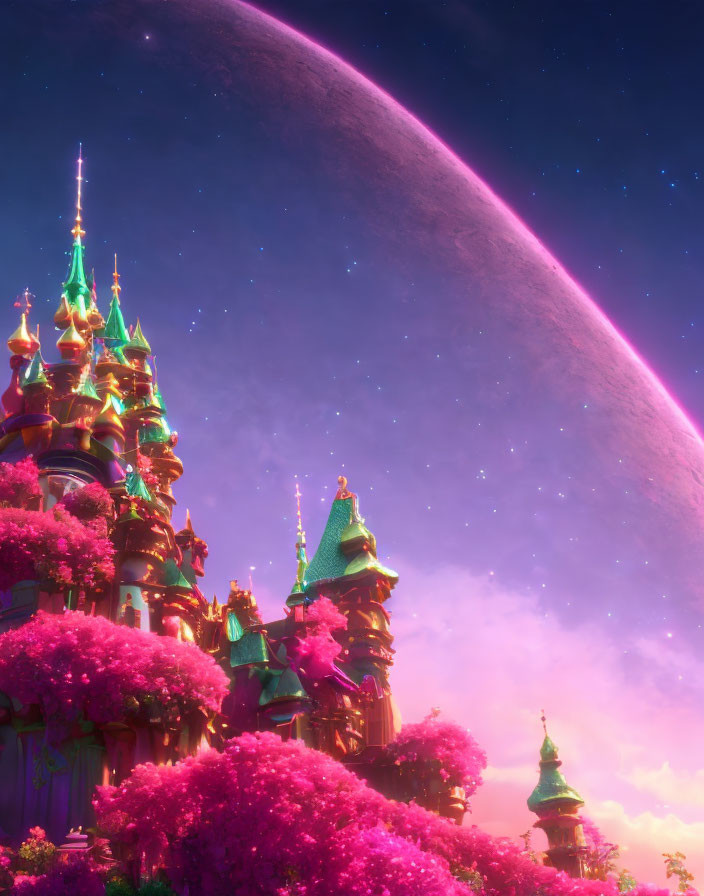 Whimsical castle in pink blossoms under starry sky with large planet