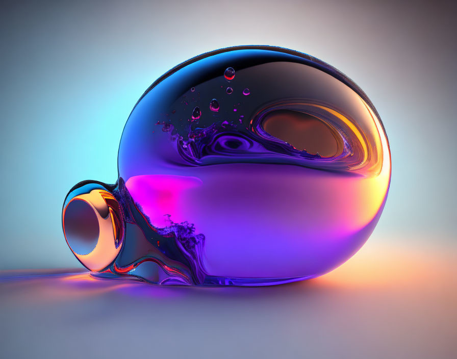 Spherical glossy object with loop: 3D-rendered image, reflective surface, blue and purple