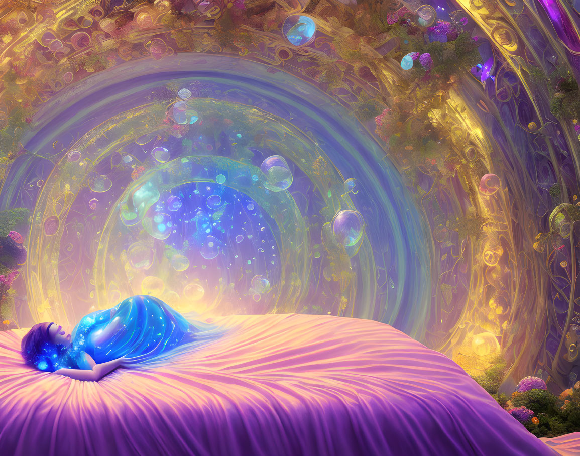 Ethereal female figure reclining on purple flower in mystical scene