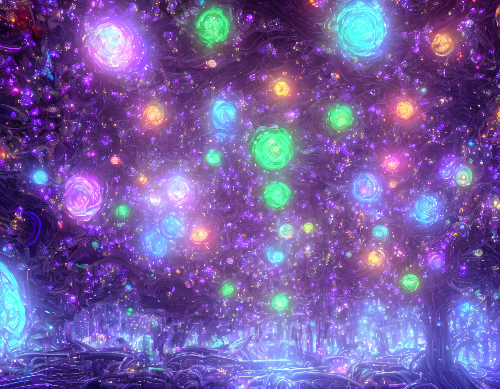 Luminescent forest with vibrant light orbs creating magical ambiance
