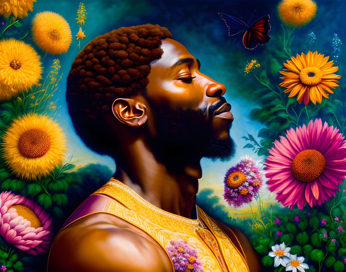 Colorful digital painting of man in profile with serene expression amidst lush flora and butterfly