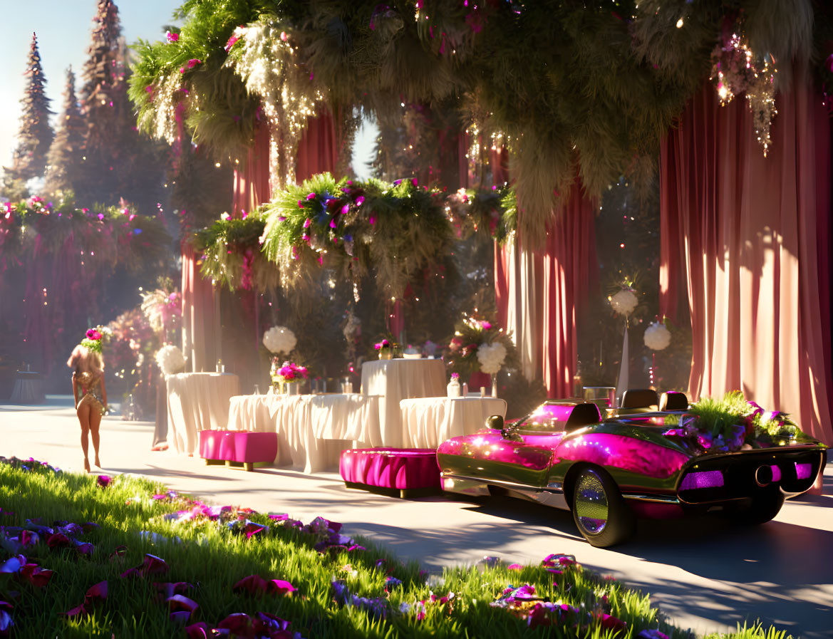 Elegant Outdoor Event with Pink Car and Floral Decorations