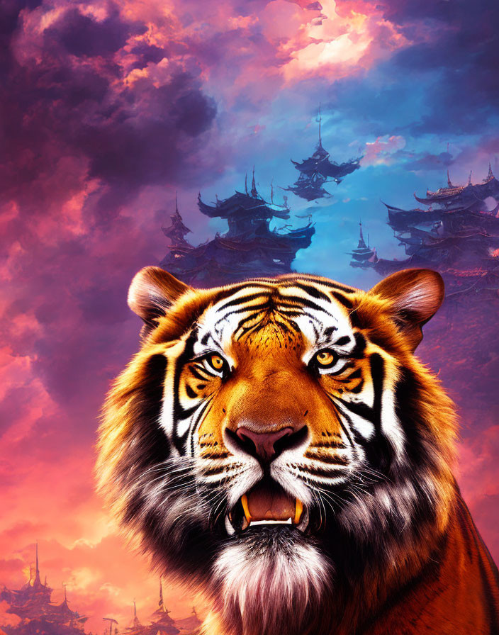 Fierce tiger against mystical sky and oriental pagodas