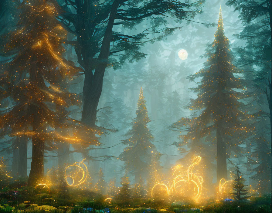 Mystical forest scene with glowing lights and shapes under foggy sky