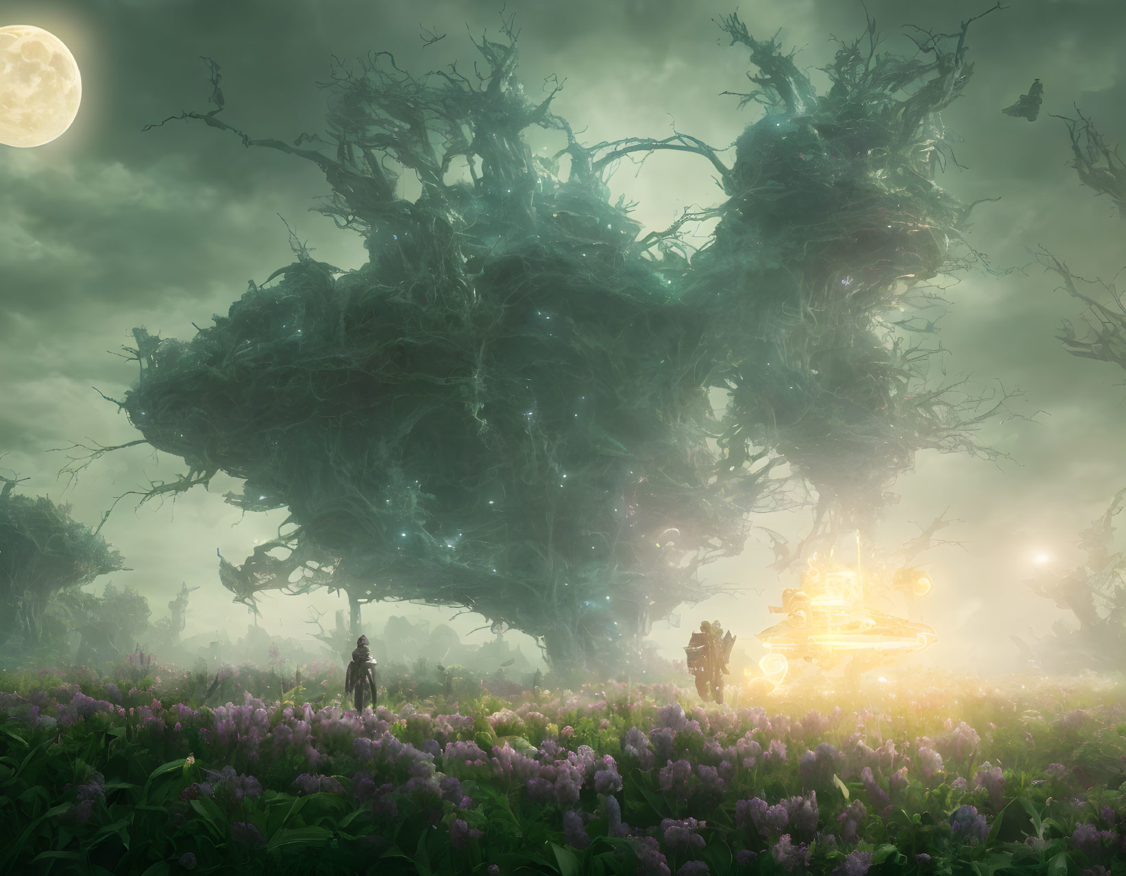 Surreal floating island with twisted trees above flower field
