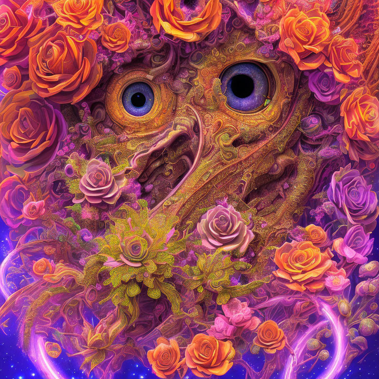 Psychedelic floral face art with vibrant eyes and cosmic swirls