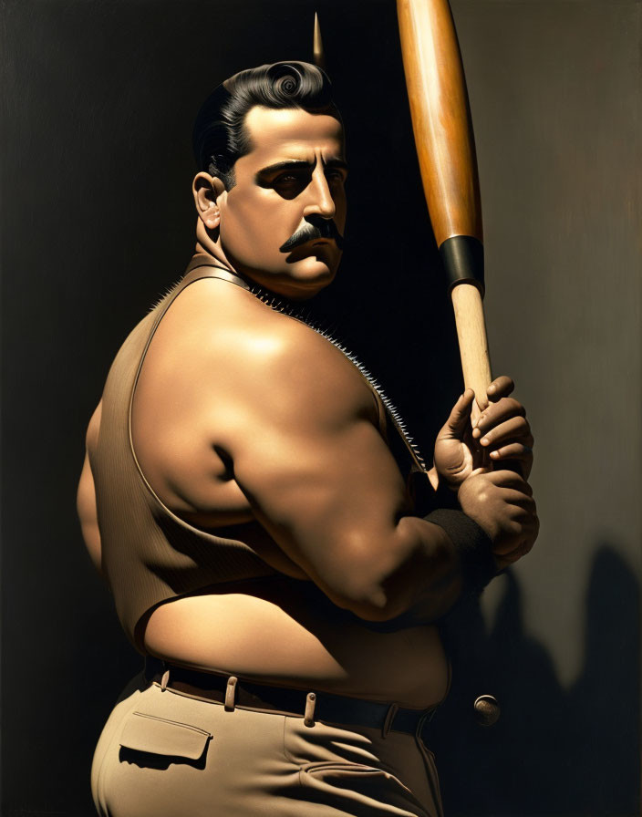 Muscular man with mustache in sleeveless shirt and suspenders holding baseball bat