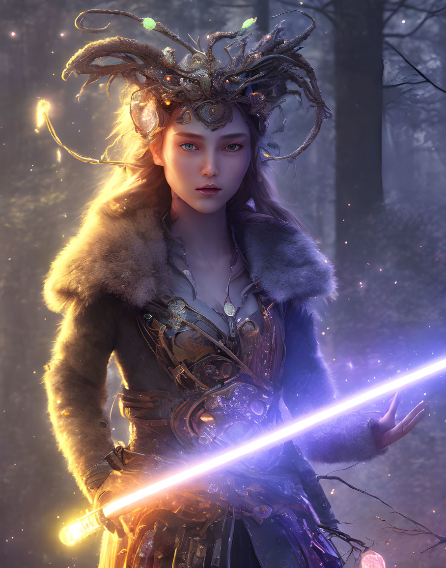 Mystical female figure with antler-like headgear and glowing sword in enchanted forest