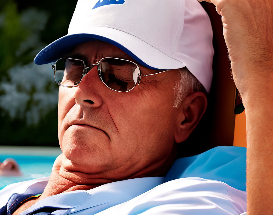 Person in white cap with blue logo wearing sunglasses in contemplative pose
