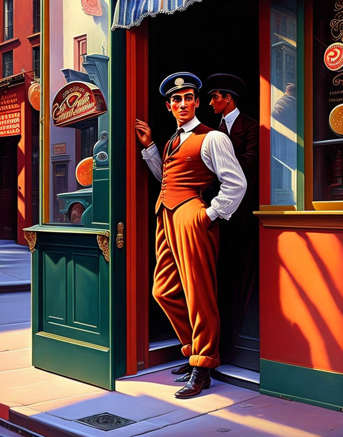Vintage-Attired Men by Colorful Street Shop Doorway