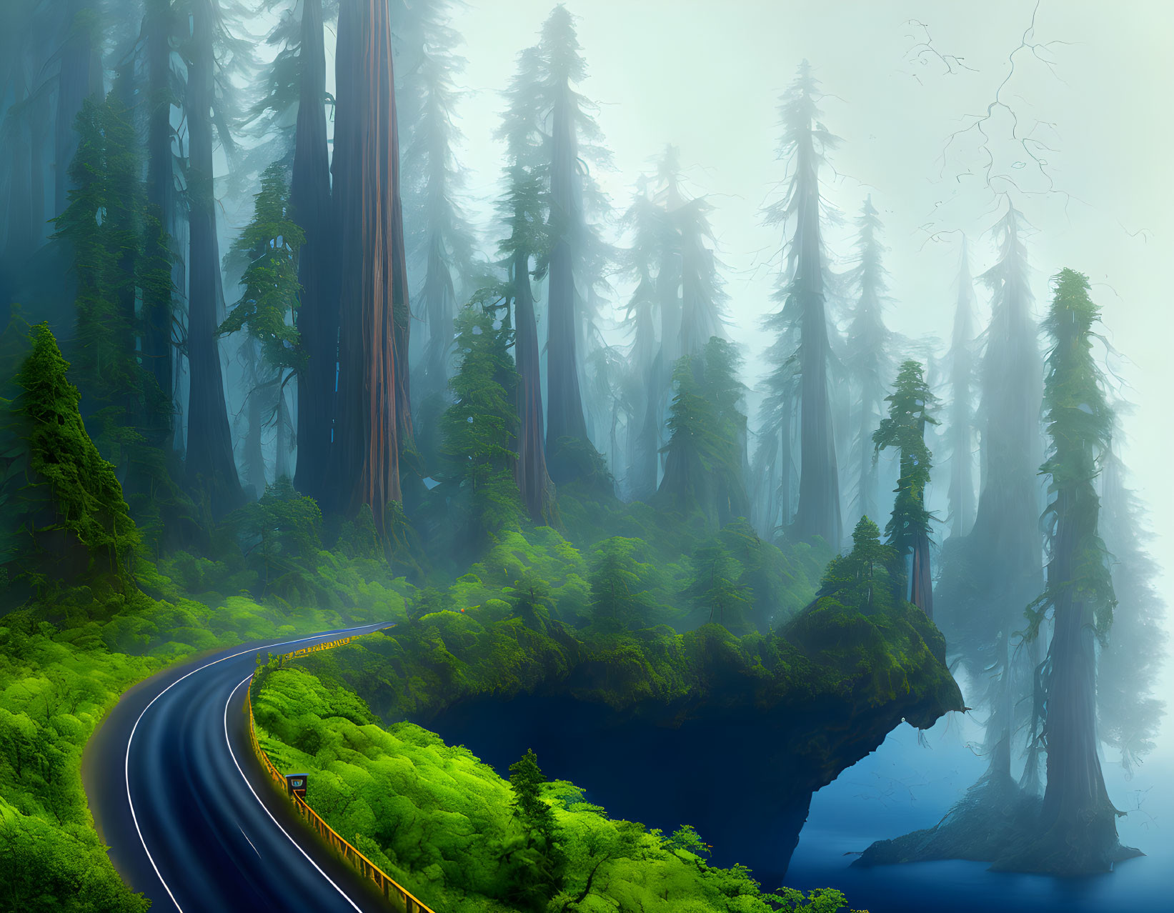 Serene forest scene: winding road through misty green foliage