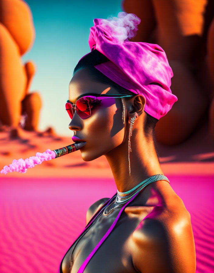 Stylized image: Woman in magenta headwrap and sunglasses exhaling pink smoke in surreal pink