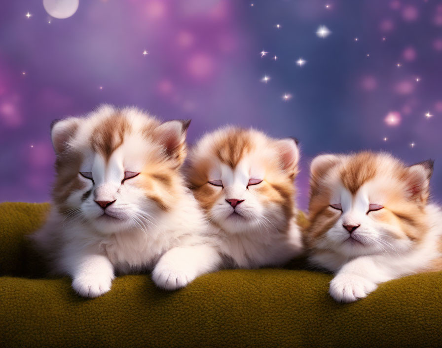 Three fluffy kittens sleeping on purple starry backdrop