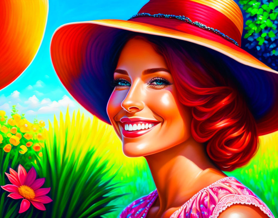 Colorful digital painting of smiling woman in wide-brimmed hat with flowers and blue sky