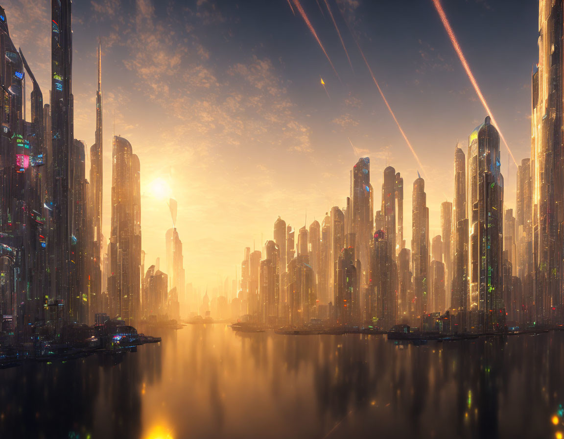 Futuristic city skyline with skyscrapers and glowing sunlight