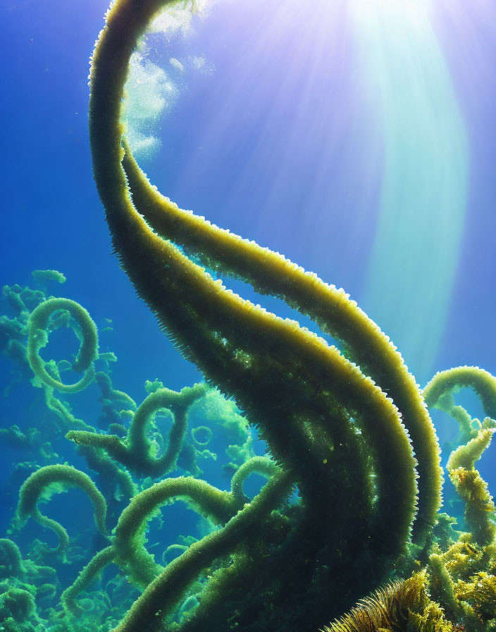 Underwater Scene: Sunlit Spiral of Green Sea Life in Clear Blue Ocean