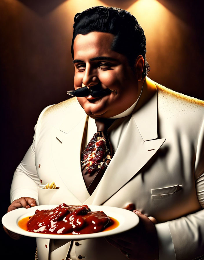 Cheerful man in white suit with heart-shaped steak and cigar on warm-toned backdrop