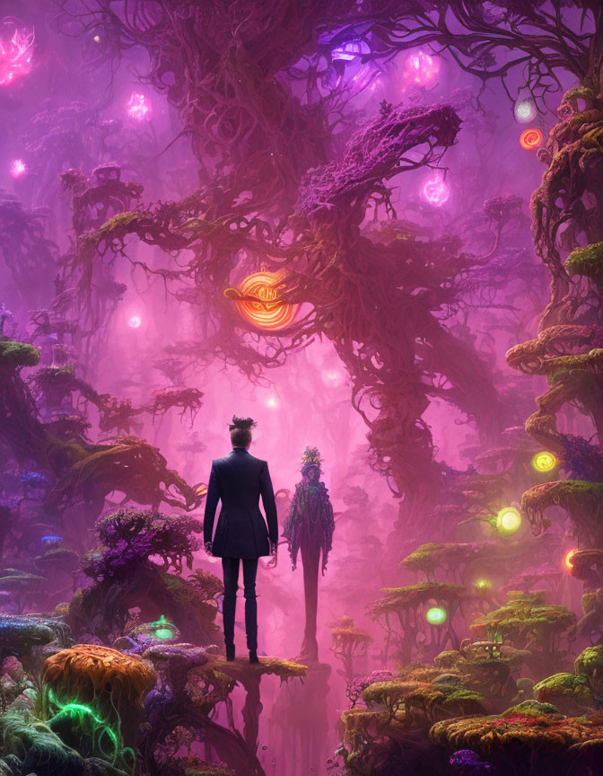 Mystical forest with vibrant purple hues and glowing orbs