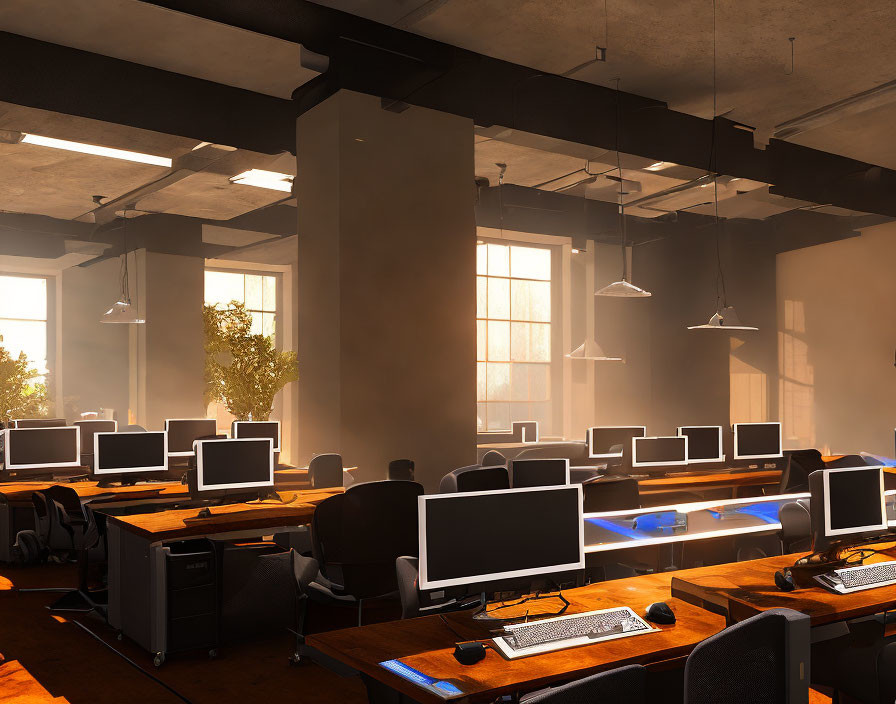 Modern office with computer workstations and hanging lights in sunlight glow