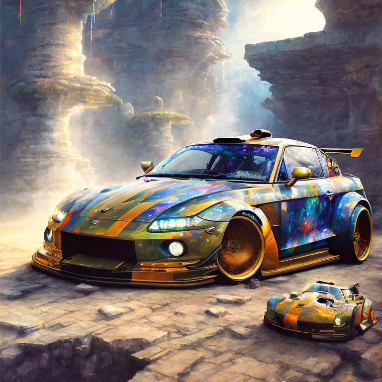 Colorful Galaxy Paint Job on Modified Sports Car in Desert Canyon