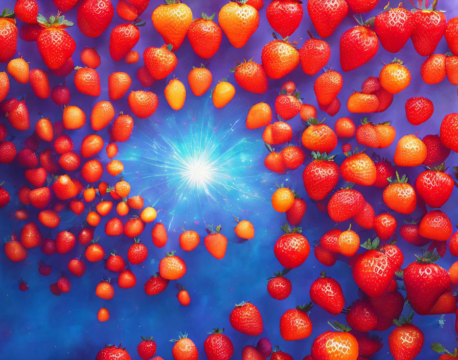 Colorful strawberries on blue background with bright burst light