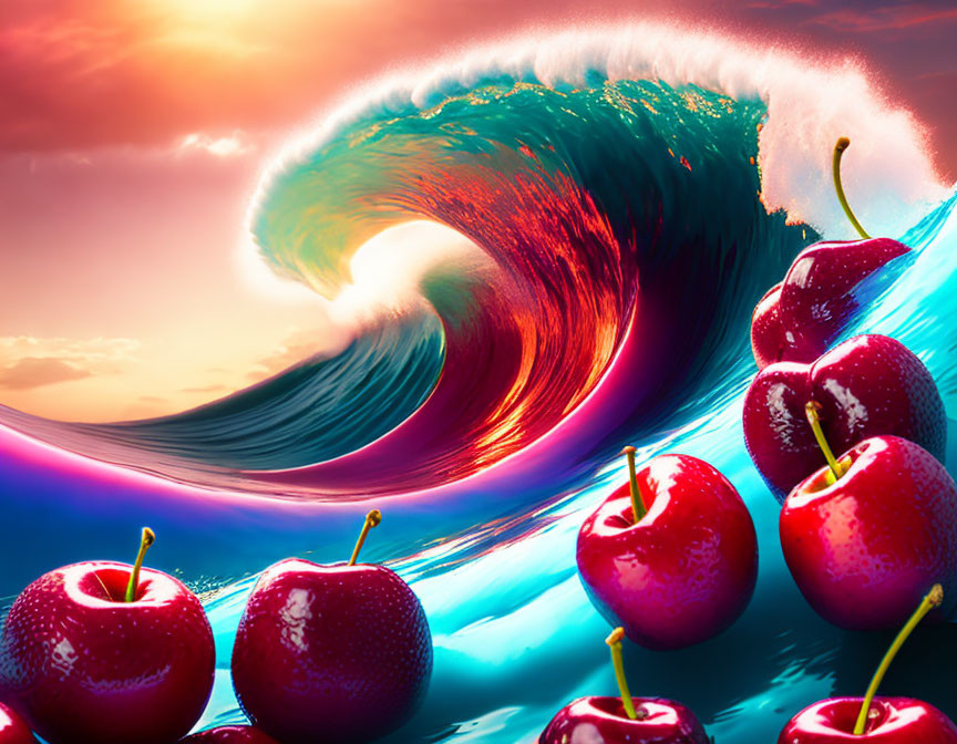 Colorful cherries in foreground with massive wave and vivid sky