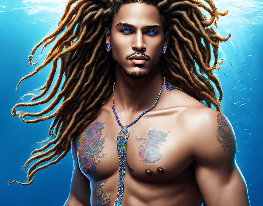 Shirtless man with blue eyes, dreadlocks, tattoos on blue background with fish silhouettes