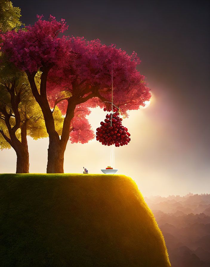 Vibrant pink trees on a hilltop with swing and figure in warm sunlight