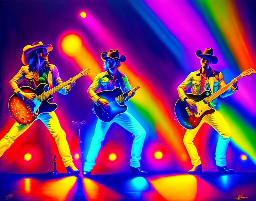 Three musicians in cowboy hats playing guitars under colorful stage lights