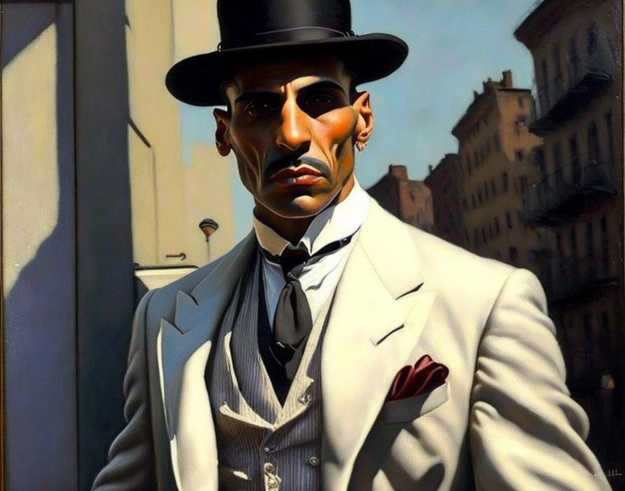 Digital artwork: Stern man in white suit and top hat with urban backdrop