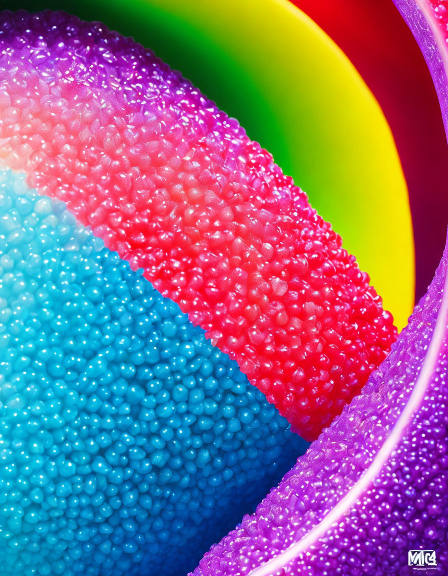 Colorful textured spheres in pink, purple, blue, and rainbow hues with shiny surface