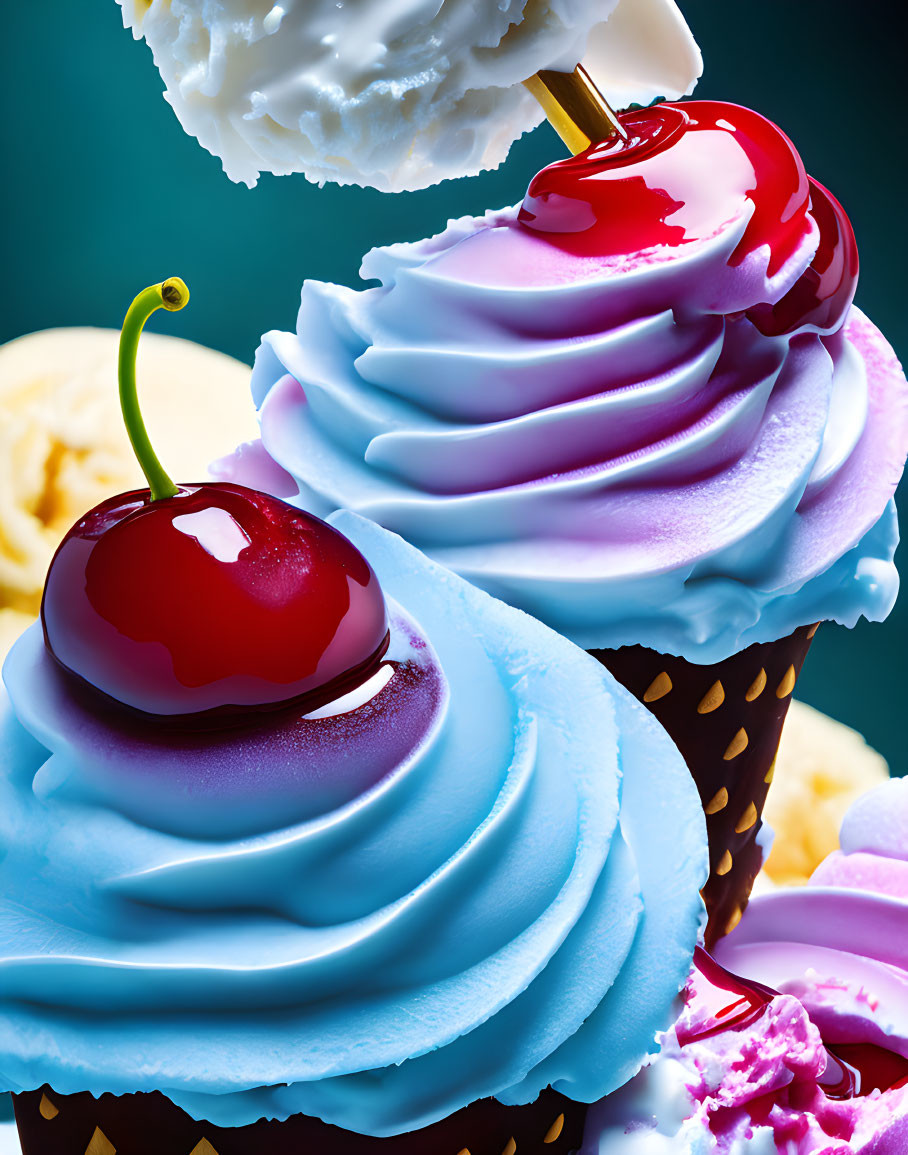 Vibrant ice cream cones with whipped cream and cherries on dark background